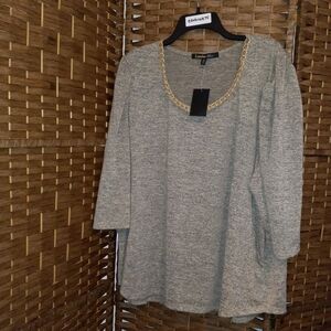 Louise Paris Lightweight Sweater Top w Embellished Chain Neckline 3X